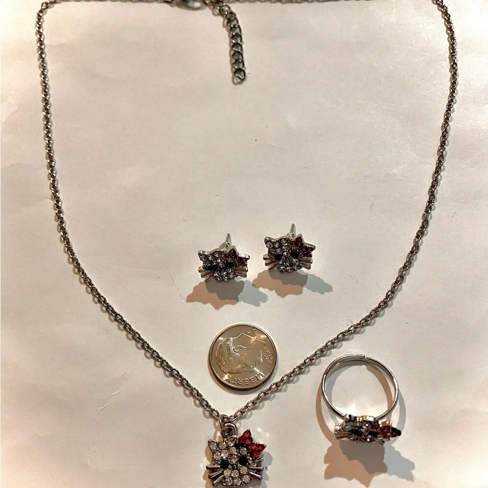 HELLO KITTY RING EARRINGS NECKLACE JEWELRY SET